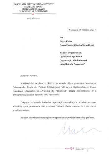 VII edycja Ogólnopolskiego Forum Organizacji Młodzieżowych Wspólnie dla Przyszłości_Patronat Honorowy Pełnomocnika Rządu ds.&nbsp;Polityki Młodzieżowej-1